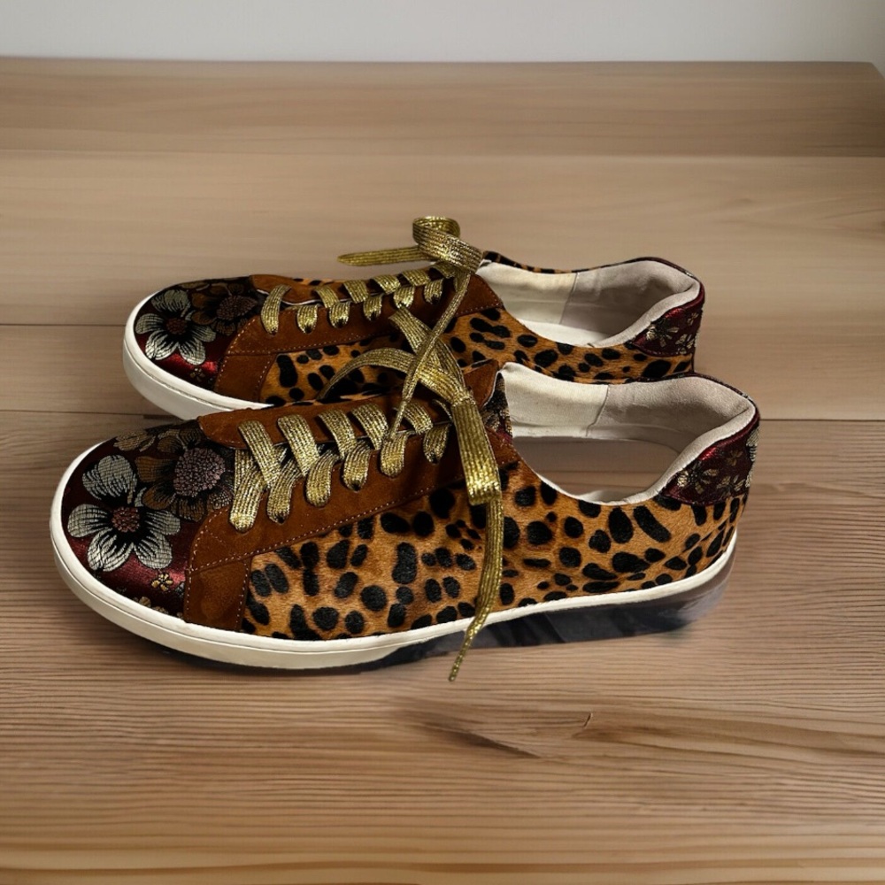 JOHNNY WAS Calfskin Leopard Print and Floral Sneakers Size 9